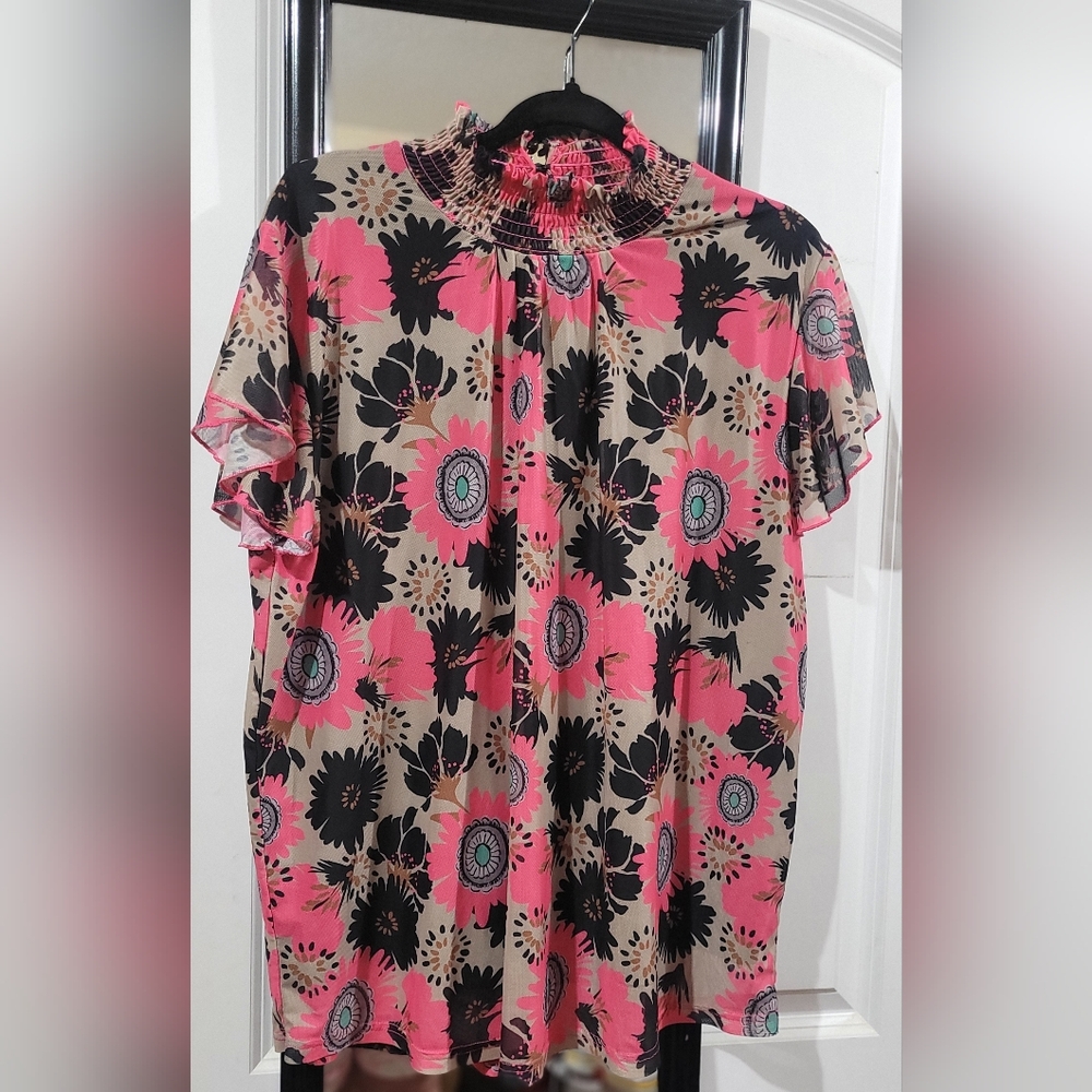 2 FLY Pink Floral Smocked Neck Blouse